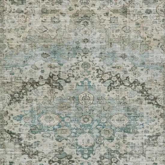 Sage Teal Blue And Beige Floral Washable Indoor Outdoor Area Rug Photo 3