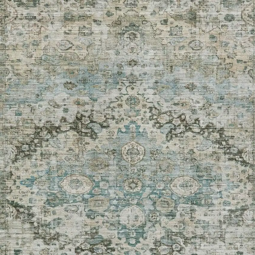 Sage Teal Blue And Beige Floral Washable Indoor Outdoor Area Rug Photo 3