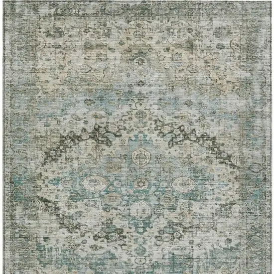 Sage Teal Blue And Beige Floral Washable Indoor Outdoor Area Rug Photo 4
