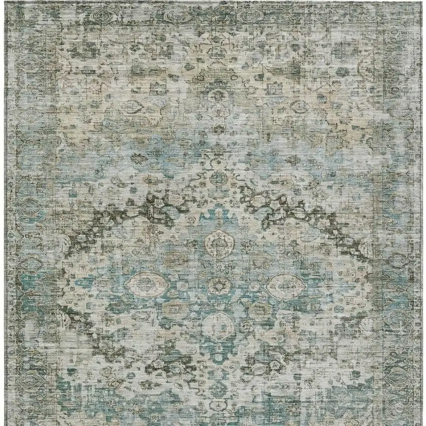 Sage Teal Blue And Beige Floral Washable Indoor Outdoor Area Rug Photo 4