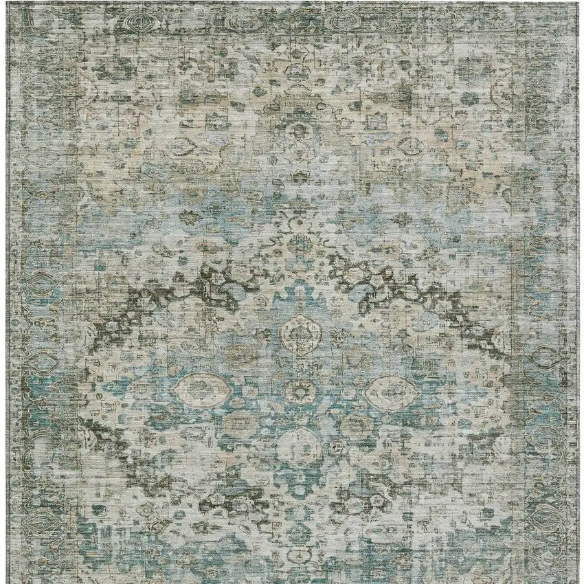 Sage Teal Blue And Beige Floral Washable Indoor Outdoor Area Rug Photo 8