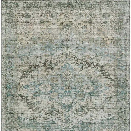 Sage Teal Blue And Beige Floral Washable Indoor Outdoor Area Rug Photo 9