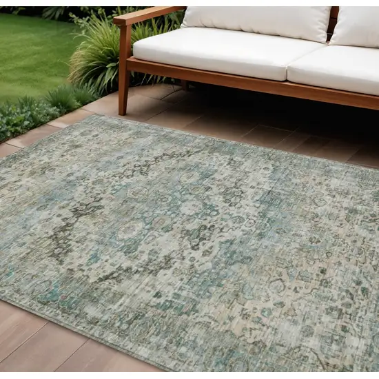 Sage Teal Blue And Beige Floral Washable Indoor Outdoor Area Rug Photo 2