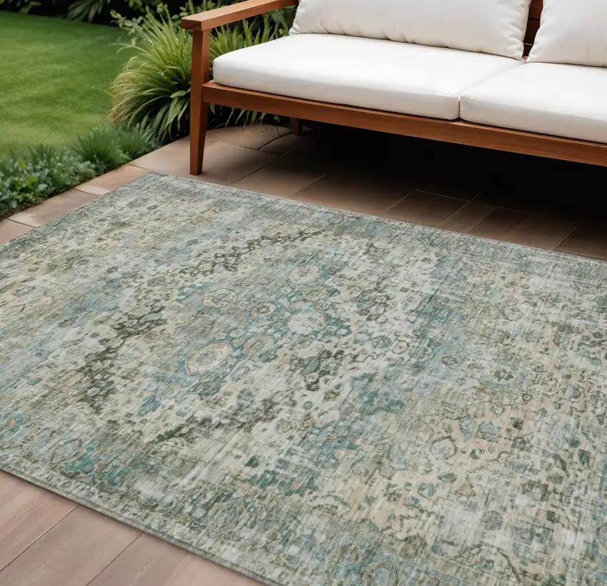 Sage Teal Blue And Beige Floral Washable Indoor Outdoor Area Rug Photo 2