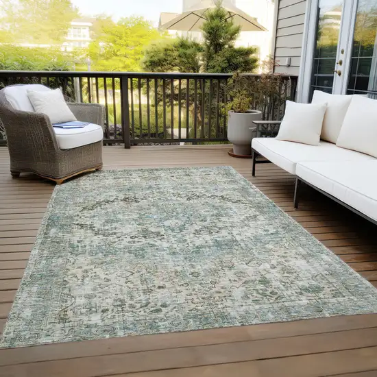 Sage Teal Blue And Beige Floral Washable Indoor Outdoor Area Rug Photo 7