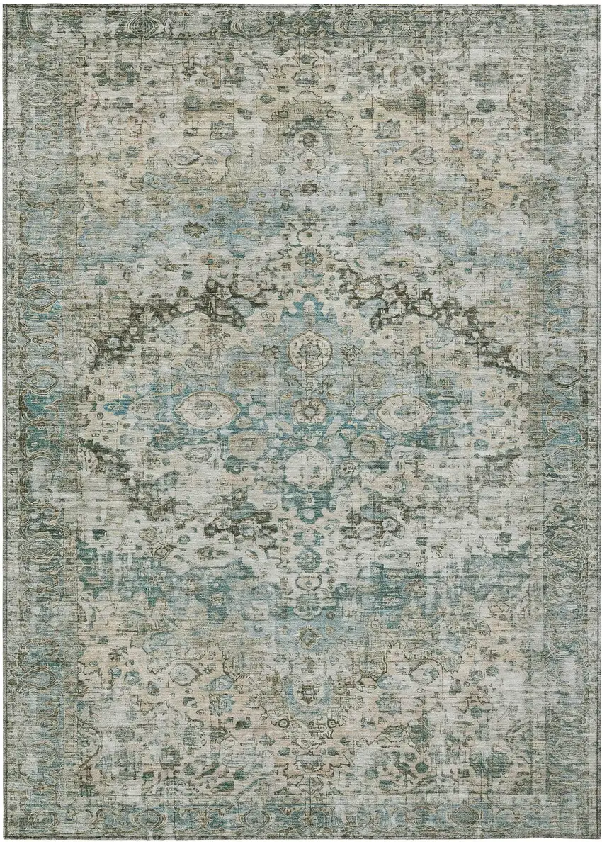 Sage Teal Blue And Beige Floral Washable Indoor Outdoor Area Rug Photo 1
