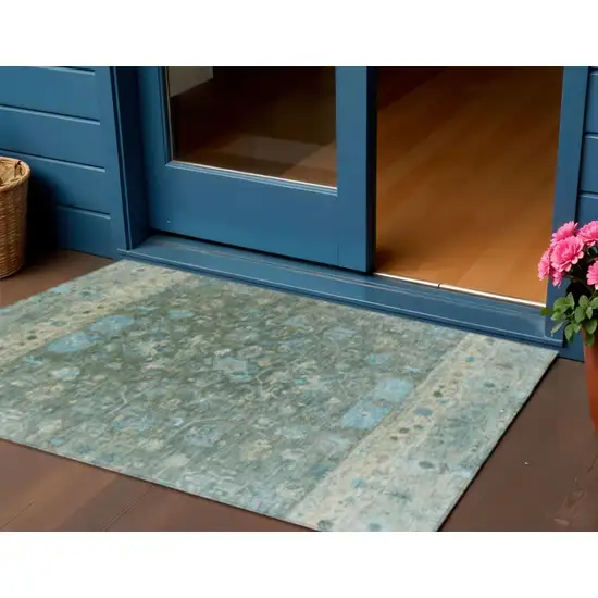 Sage Teal Blue And Beige Tribal Washable Indoor Outdoor Area Rug Photo 1