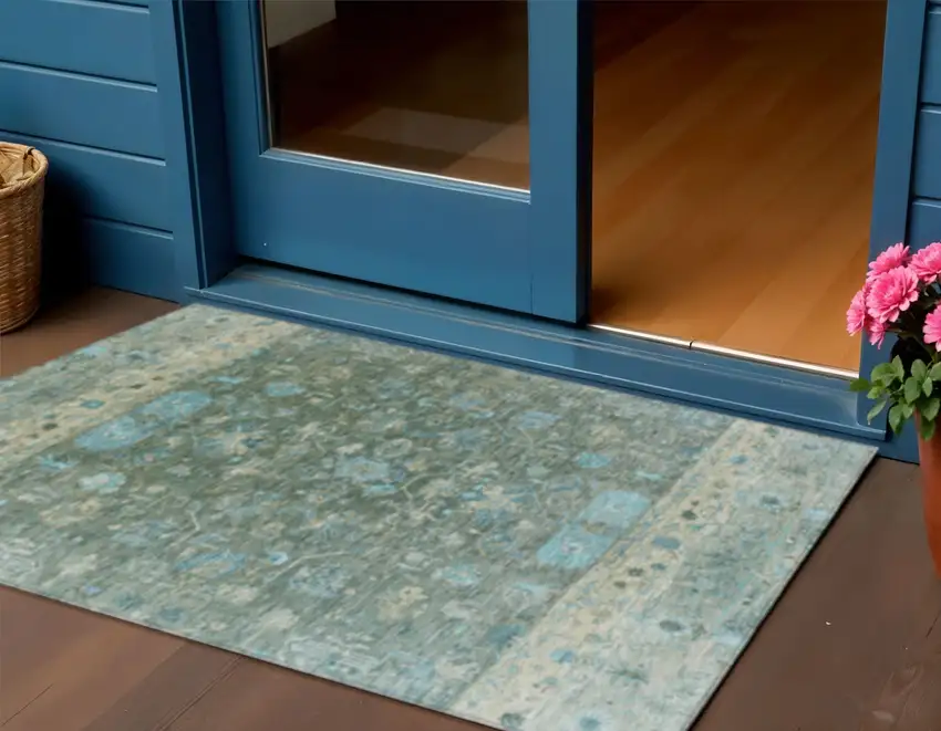 Sage Teal Blue And Beige Tribal Washable Indoor Outdoor Area Rug Photo 1