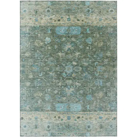 Sage Teal Blue And Beige Tribal Washable Indoor Outdoor Area Rug Photo 2