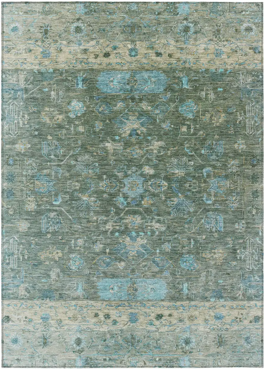 Sage Teal Blue And Beige Tribal Washable Indoor Outdoor Area Rug Photo 2