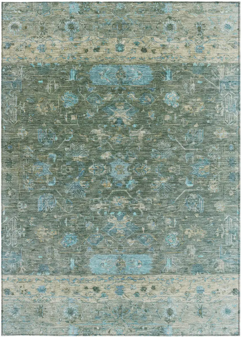 Sage Teal Blue And Beige Tribal Washable Indoor Outdoor Area Rug Photo 5