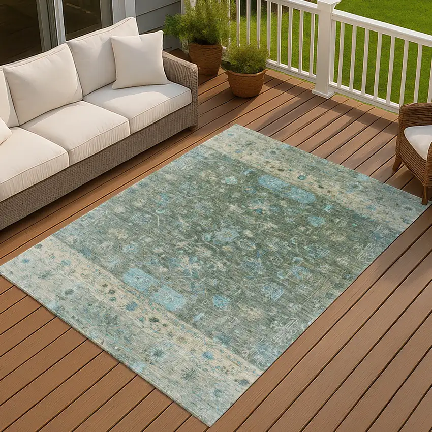 Sage Teal Blue And Beige Tribal Washable Indoor Outdoor Area Rug Photo 9