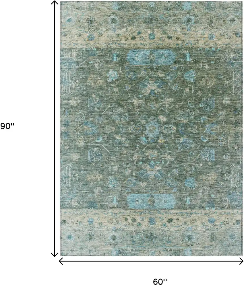 Sage Teal Blue And Beige Tribal Washable Indoor Outdoor Area Rug Photo 3