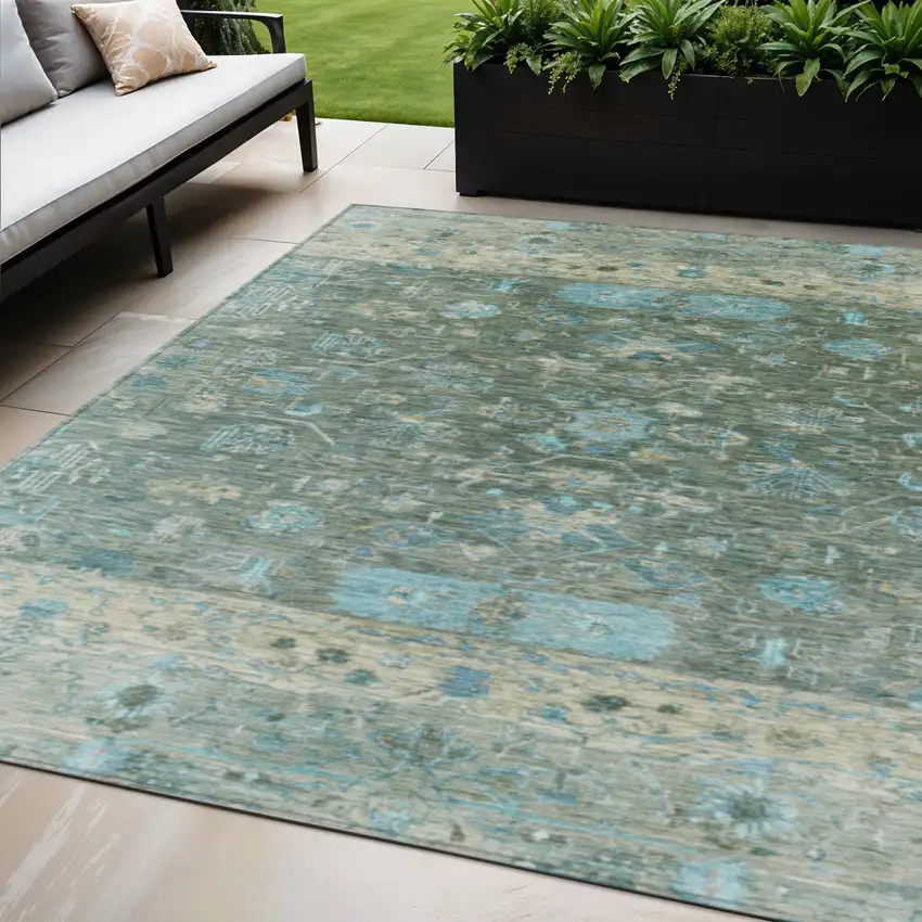Sage Teal Blue And Beige Tribal Washable Indoor Outdoor Area Rug Photo 1