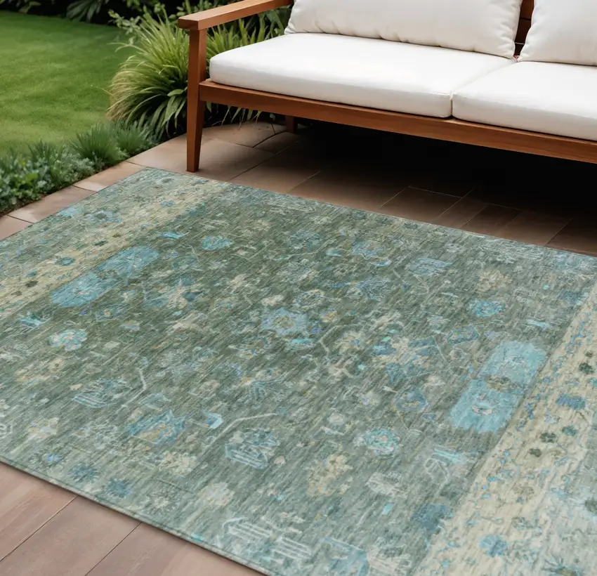 Sage Teal Blue And Beige Tribal Washable Indoor Outdoor Area Rug Photo 1