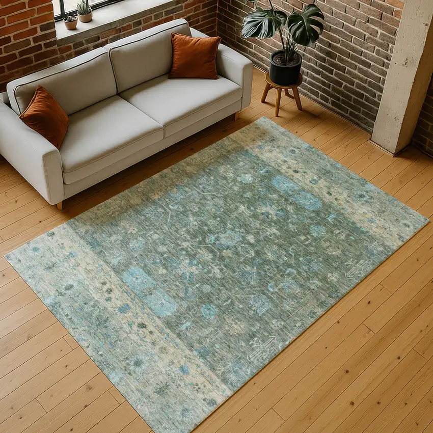 Sage Teal Blue And Beige Tribal Washable Indoor Outdoor Area Rug Photo 9