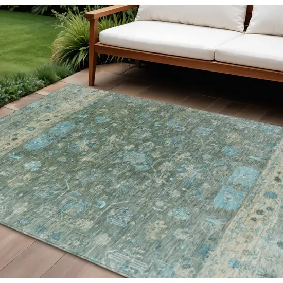 Sage Teal Blue And Beige Tribal Washable Indoor Outdoor Area Rug Photo 1