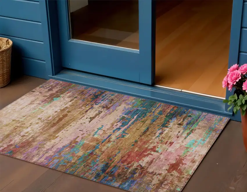 Sage Teal Blue And Blush Abstract Washable Indoor Outdoor Area Rug Photo 2