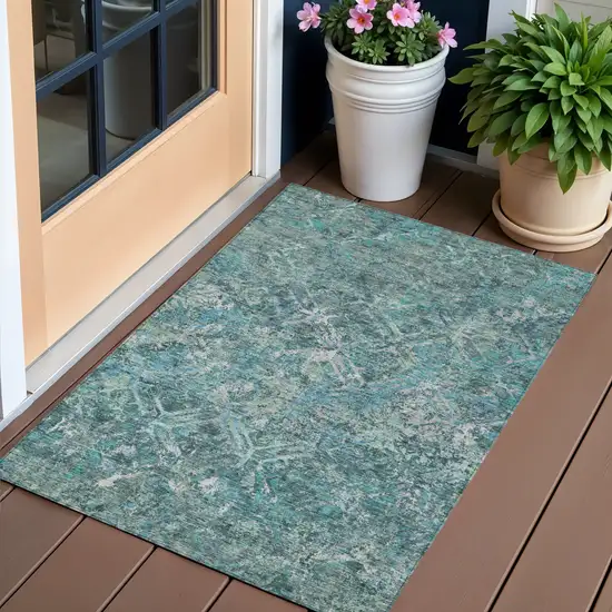 Sage Teal Blue And Gray Geometric Washable Indoor Outdoor Area Rug Photo 1