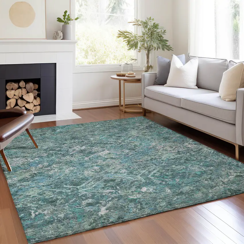 Sage Teal Blue And Gray Geometric Washable Indoor Outdoor Area Rug Photo 9