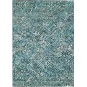 Photo of Sage Teal Blue And Gray Geometric Washable Indoor Outdoor Area Rug