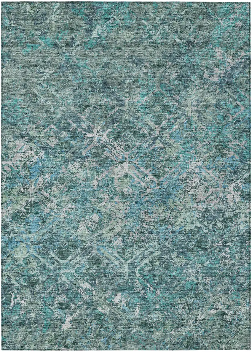 Sage Teal Blue And Gray Geometric Washable Indoor Outdoor Area Rug Photo 1