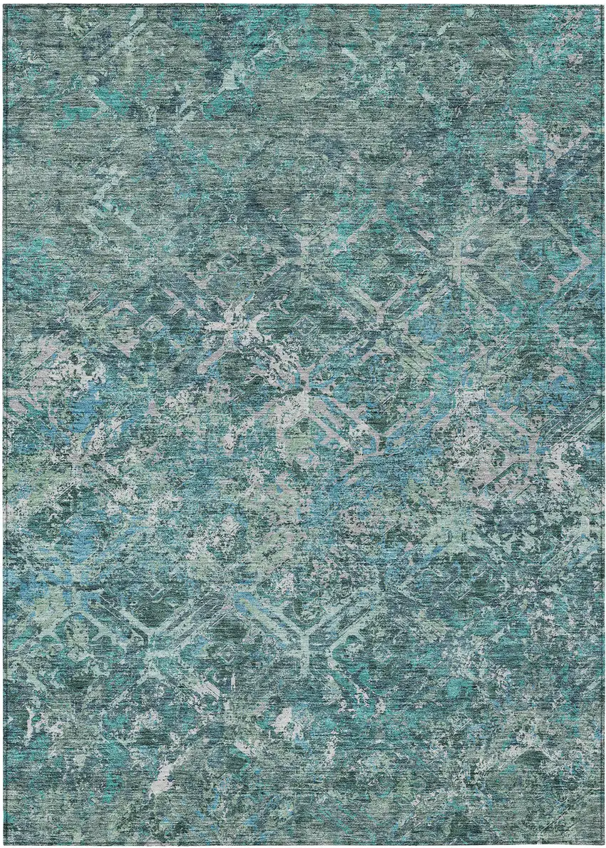 Sage Teal Blue And Gray Geometric Washable Indoor Outdoor Area Rug Photo 1