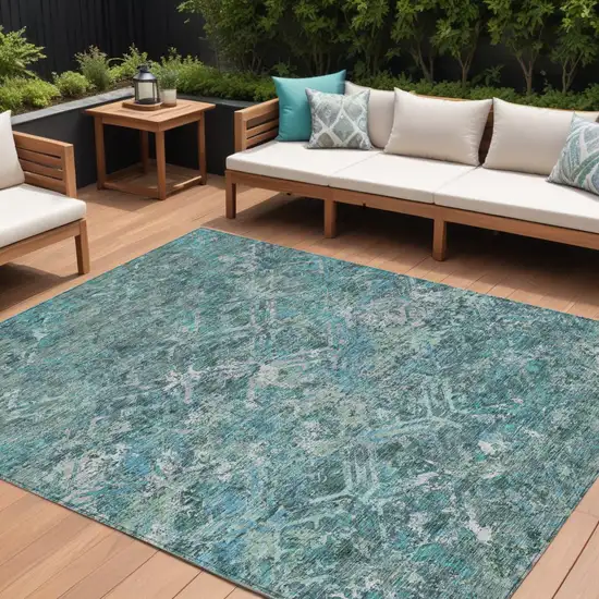 Sage Teal Blue And Gray Geometric Washable Indoor Outdoor Area Rug Photo 1