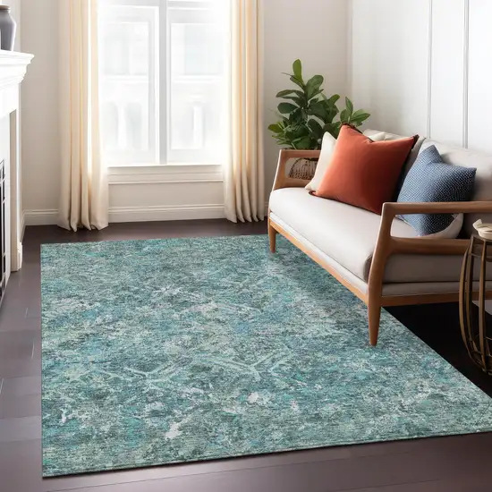 Sage Teal Blue And Gray Geometric Washable Indoor Outdoor Area Rug Photo 8
