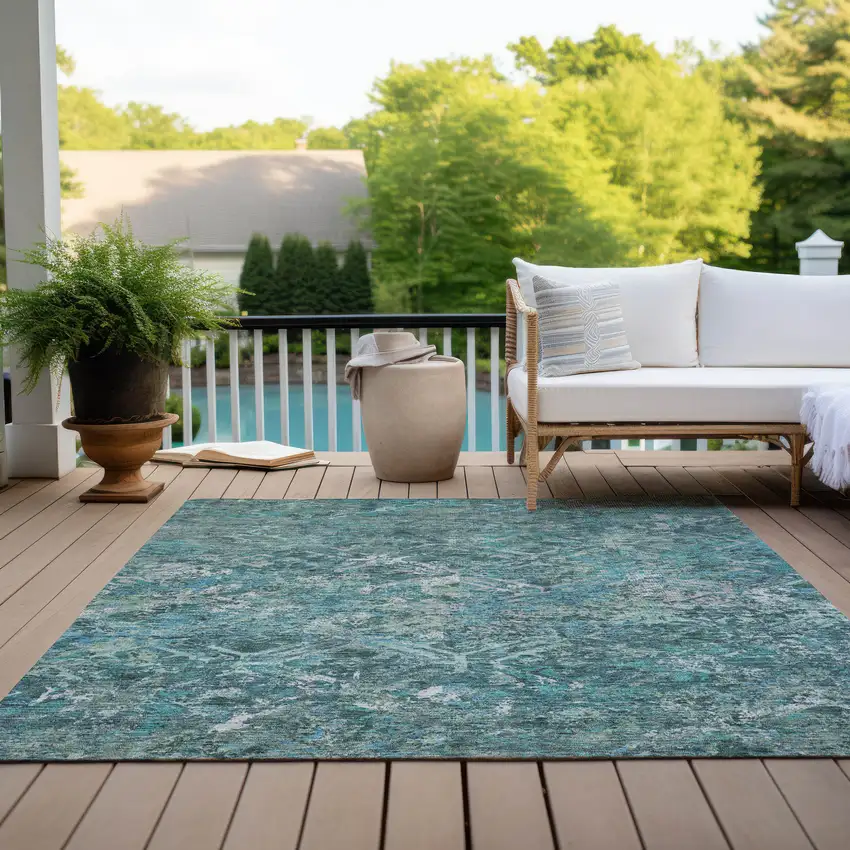 Sage Teal Blue And Gray Geometric Washable Indoor Outdoor Area Rug Photo 9