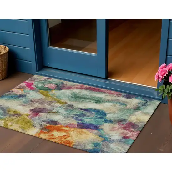 Sage Teal Blue Orange Blush And Gold Abstract Washable Indoor Outdoor Area Rug Photo 2