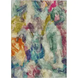 Photo of Sage Teal Blue Orange Blush And Gold Abstract Washable Indoor Outdoor Area Rug