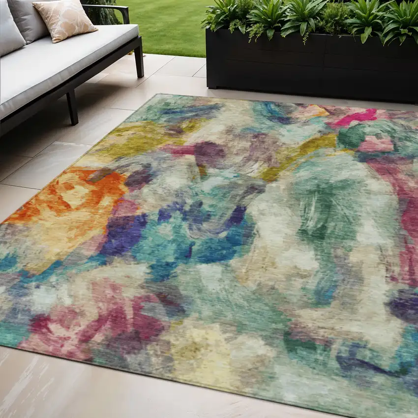 Sage Teal Blue Orange Blush And Gold Abstract Washable Indoor Outdoor Area Rug Photo 2