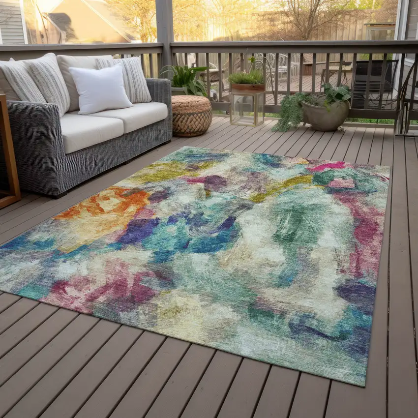 Sage Teal Blue Orange Blush And Gold Abstract Washable Indoor Outdoor Area Rug Photo 9