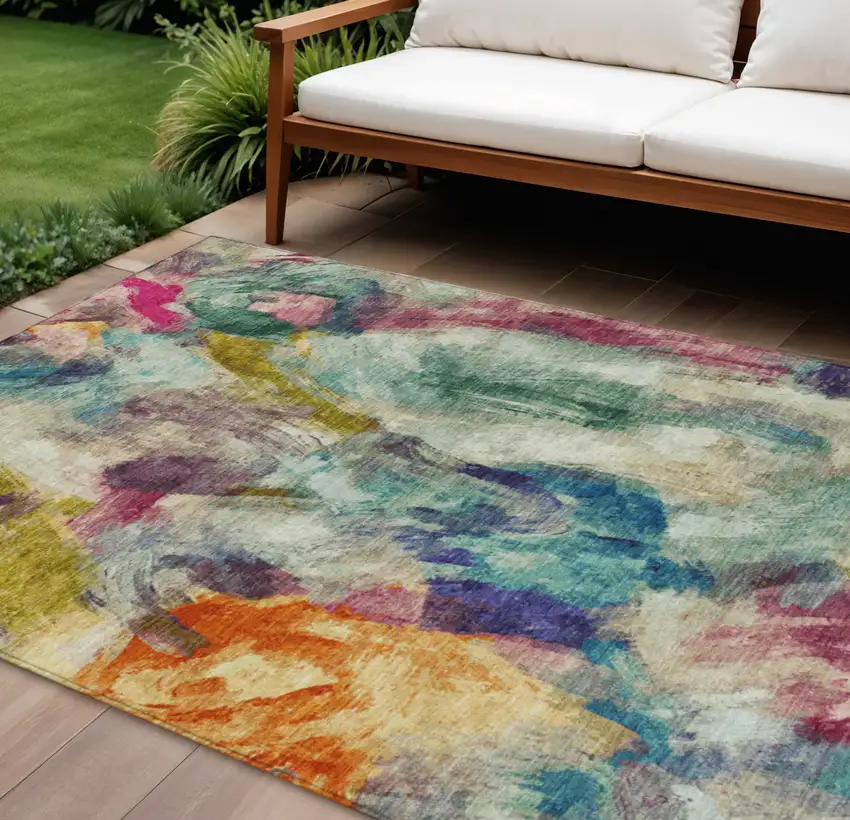 Sage Teal Blue Orange Blush And Gold Abstract Washable Indoor Outdoor Area Rug Photo 2
