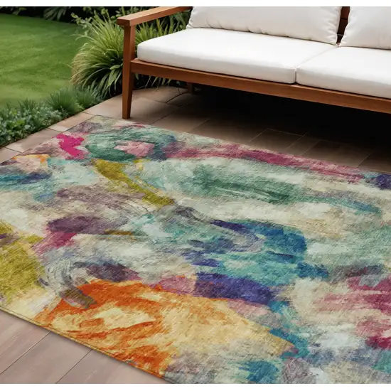 Sage Teal Blue Orange Blush And Gold Abstract Washable Indoor Outdoor Area Rug Photo 2