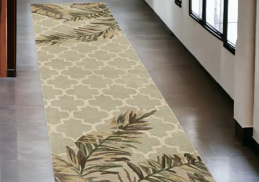 2' X 10' Sage Tropical Leaves Mosaic Wool Indoor Runner Rug Photo 1