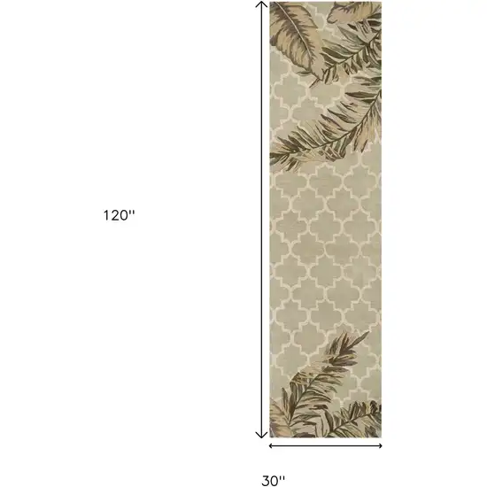 10' Sage Taupe And Green Wool Tropical Botanical Hand Tufted Runner Rug Photo 3