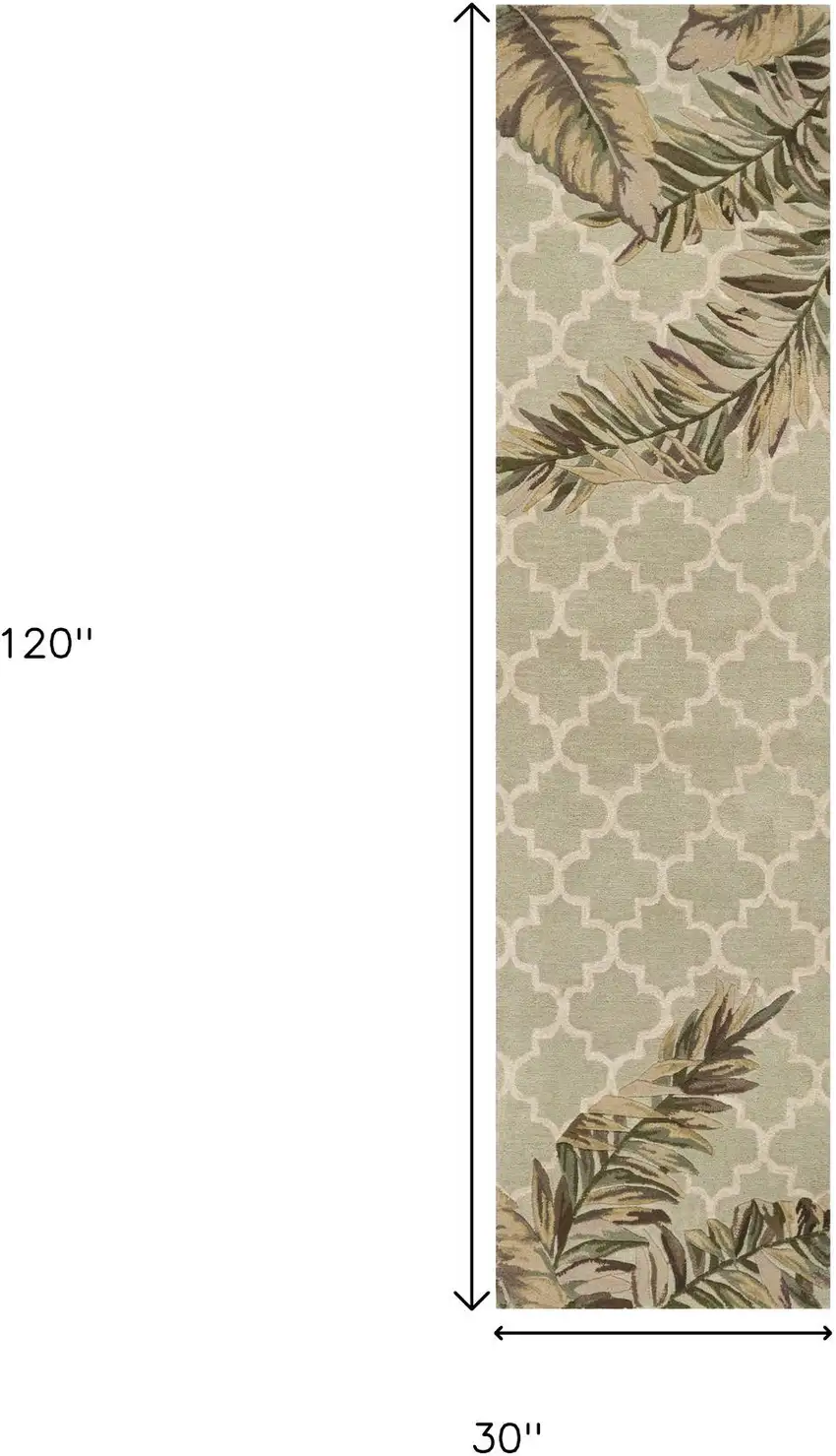 10' Sage Taupe And Green Wool Tropical Botanical Hand Tufted Runner Rug Photo 3