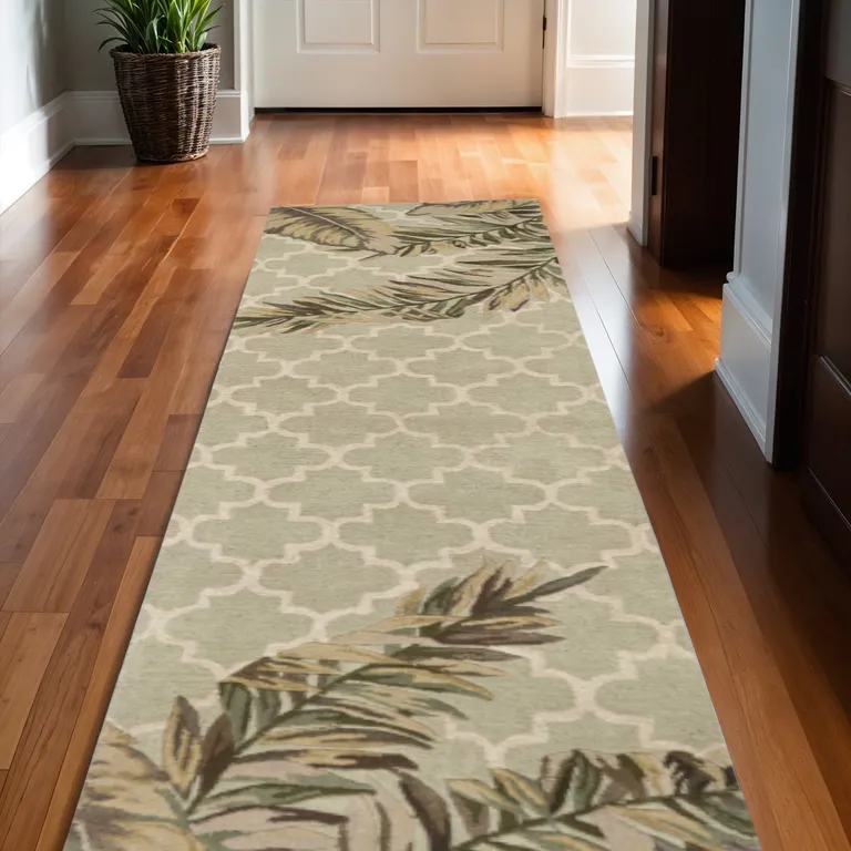 Sage Tropical Leaves Mosaic Wool Indoor Runner Rug Photo 5