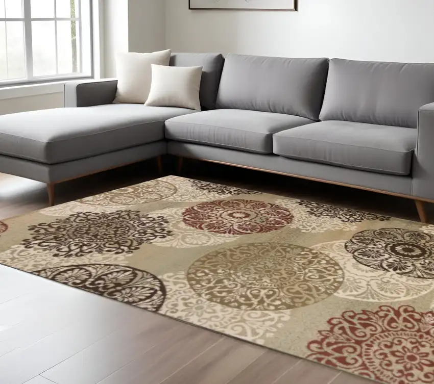 Sage Brown And Ivory Floral Medallion Area Rug Photo 1