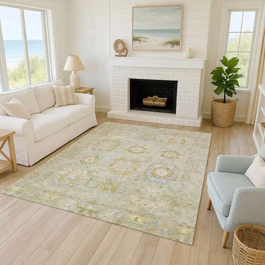 Sage Wheat And Artichoke Green Medallion Washable Indoor Outdoor Area Rug Photo 7