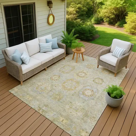 Sage Wheat And Artichoke Green Medallion Washable Indoor Outdoor Area Rug Photo 6