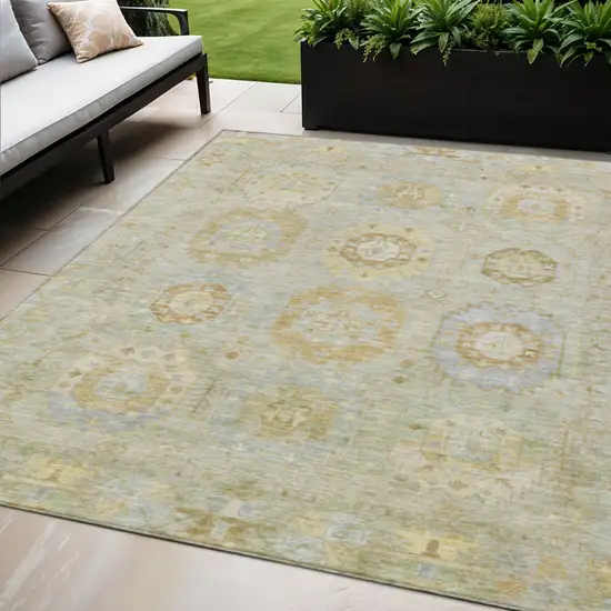 Sage Wheat And Artichoke Green Medallion Washable Indoor Outdoor Area Rug Photo 1
