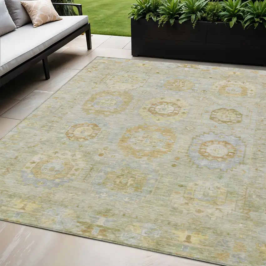 Sage Wheat And Artichoke Green Medallion Washable Indoor Outdoor Area Rug Photo 1