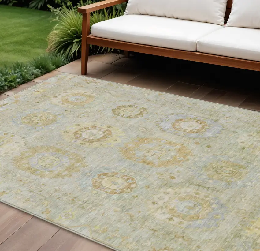 Sage Wheat And Artichoke Green Medallion Washable Indoor Outdoor Area Rug Photo 1