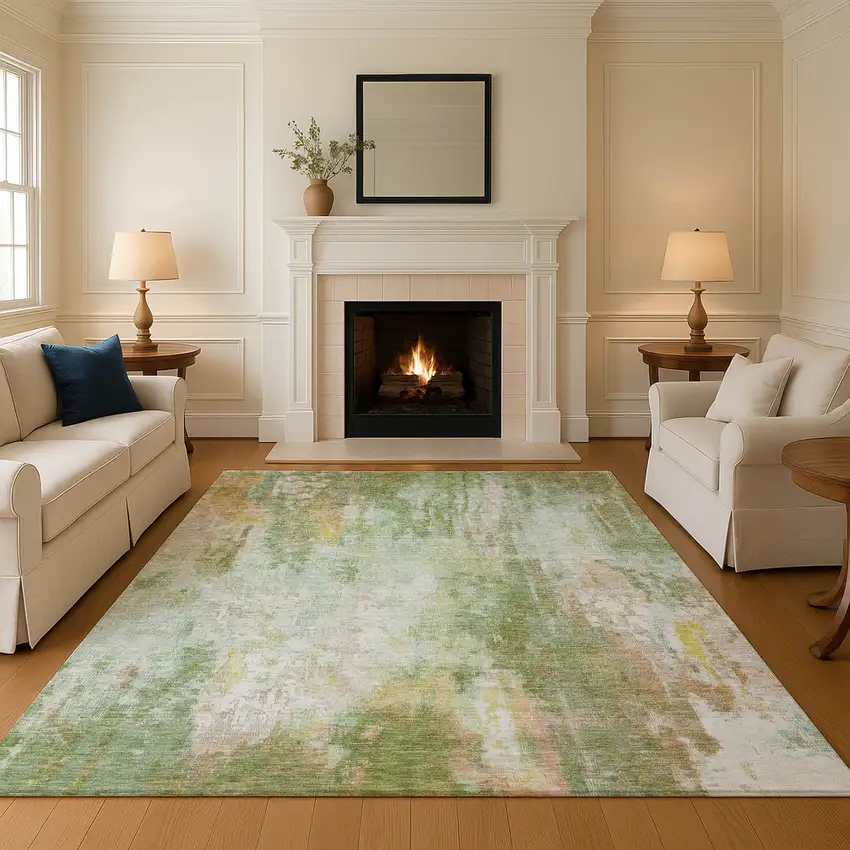 Sage Wheat And Ivory Abstract Washable Area Rug With UV Protection Photo 2
