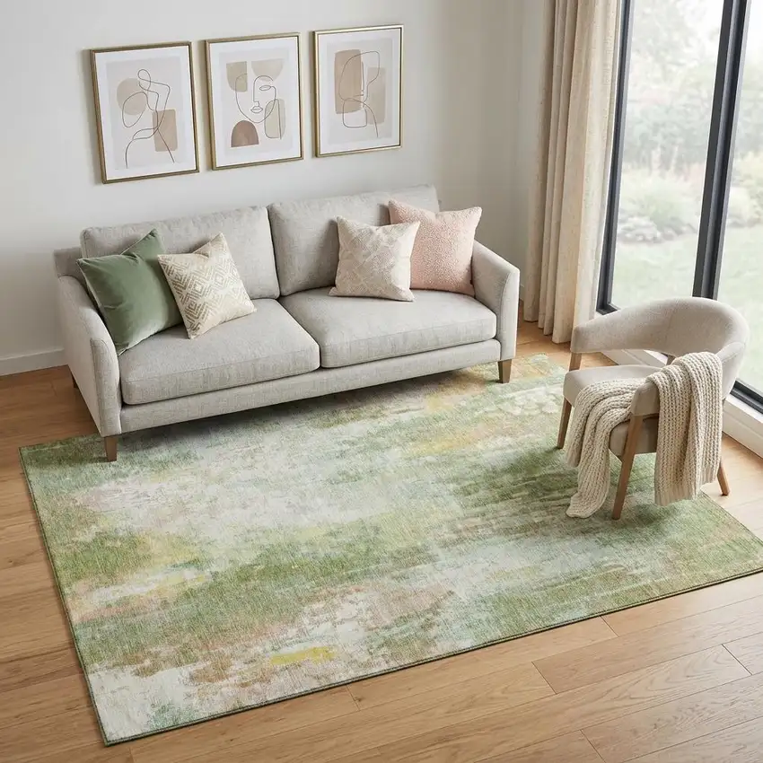 Sage Wheat And Ivory Abstract Washable Area Rug With UV Protection Photo 1