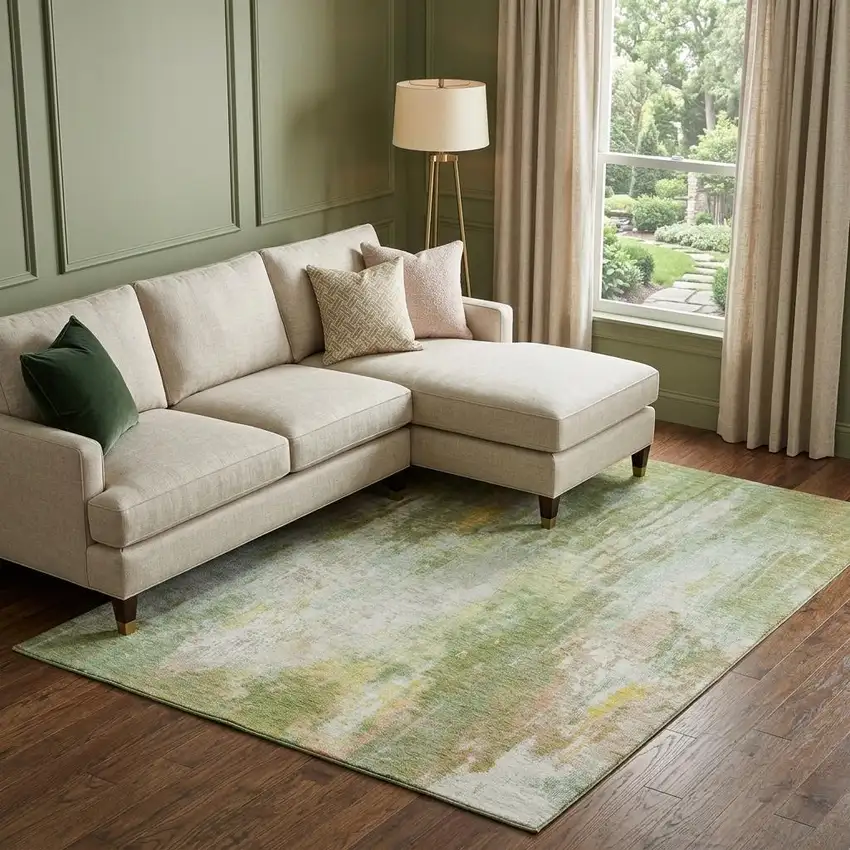 Sage Wheat And Ivory Abstract Washable Area Rug With UV Protection Photo 1