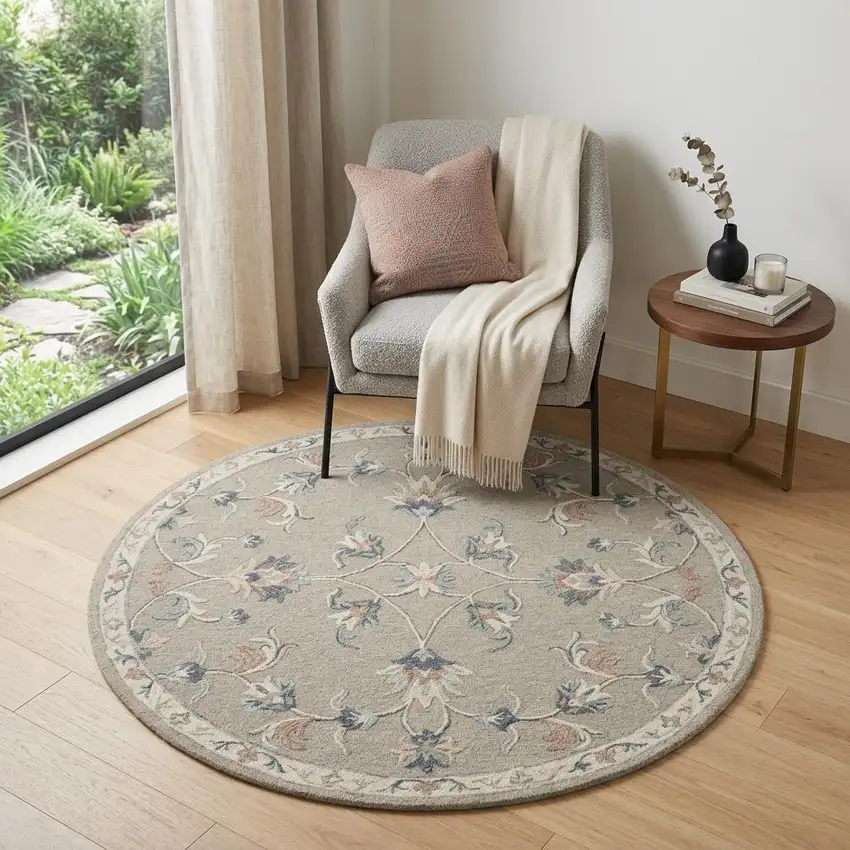 5' Gray Round Wool Hand Tufted Area Rug Photo 1